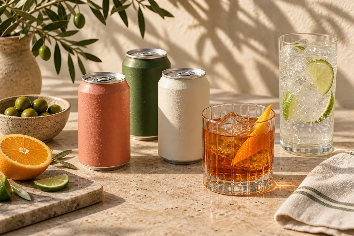 Unbranded cocktail cans and glasses arranged for serving