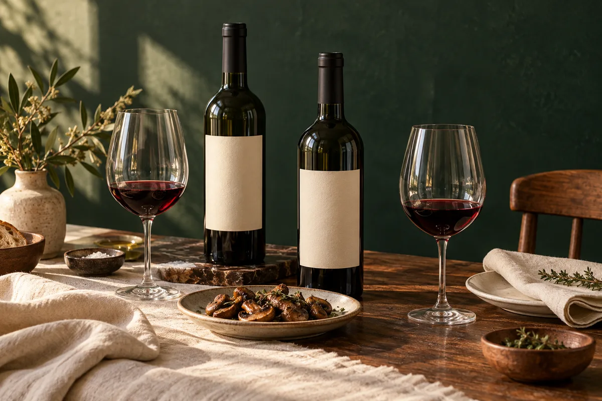 Serving illustration of two glasses of red wine and unbranded bottles on a dinner table