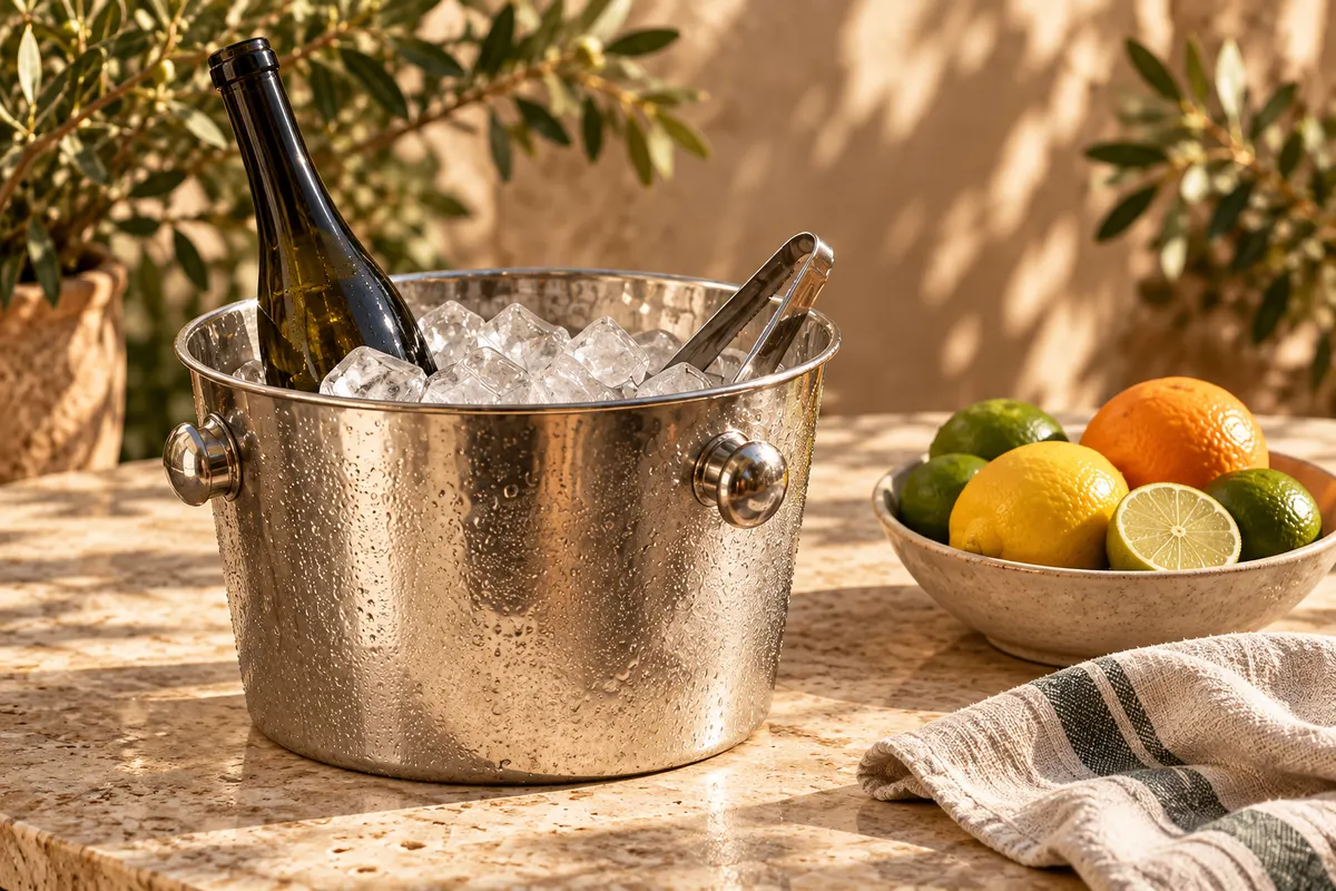 Ice bucket, tongs and fresh citrus on a table