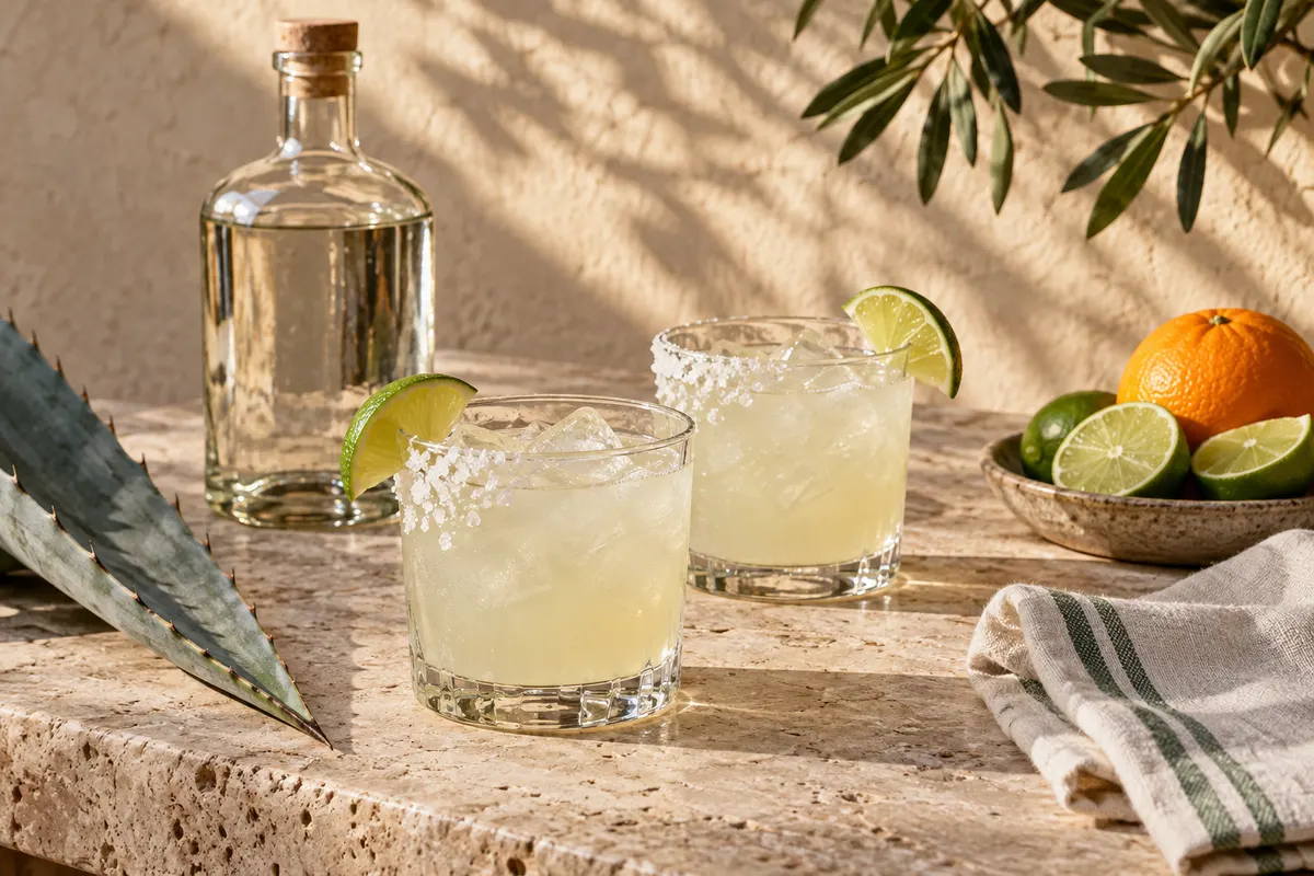 A margarita with fresh lime beside an unbranded tequila bottle